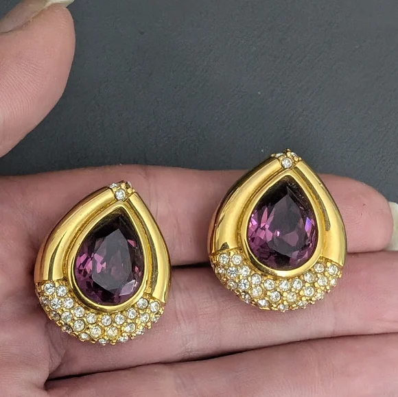 Swarovski Amethyst Crystal and Clear Crystal Gold Tone Earrings Clip Style - Picture 1 of 11